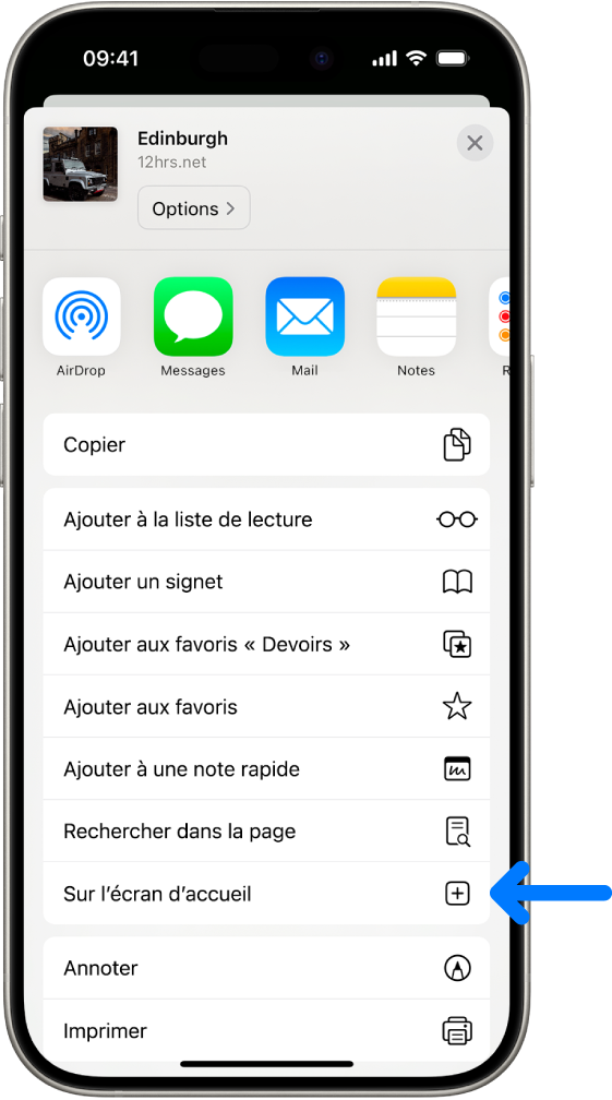 Capture d’écran montrant l’option Sur l’écran d’accueil dans iOS